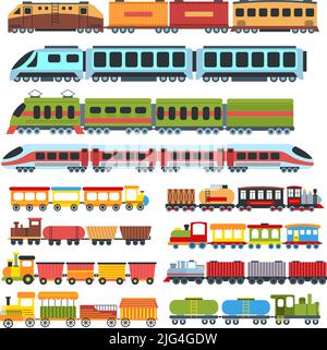 Trains de dessins animés. Enfants jouets train avec des wagons, chemin de fer vecteur jeu d'illustrations pour enfants Illustration de Vecteur