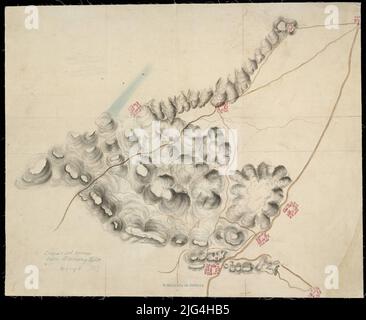 [Croquis de la terre entre Almenara et Nules]. Titre propre tiré du catalogue SG: 'Région Valencienne. XVI à XIX siècles. 1970, p. 105 manuscrit à l'encre noire et aquarelle colorée en gris, Siena et Carmín relief représenté par l'ombre Banque D'Images