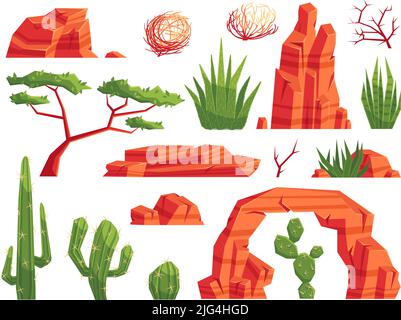 Éléments de sable de dessin animé du désert. Cactus occidentaux, tumbleweeds et plantes d'aloès. Rochers de montagne et pierres pour paysage de vallée ensemble de vecteur Illustration de Vecteur