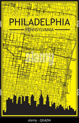 Affiche dorée avec vue panoramique sur la ville et rues dessinées à la main sur fond jaune et noir du centre-ville DE PHILADELPHIE, PENNSYL Illustration de Vecteur