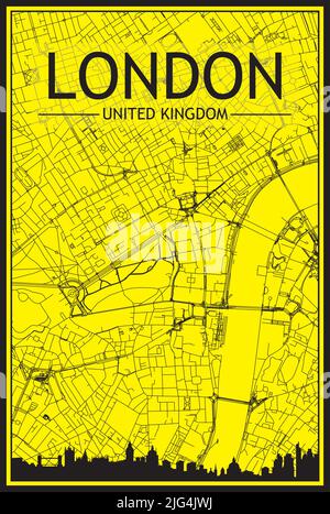 Affiche dorée avec vue panoramique sur la ville et rues dessinées à la main sur fond jaune et noir du centre-ville DE LONDRES, UNITED KINGDO Illustration de Vecteur