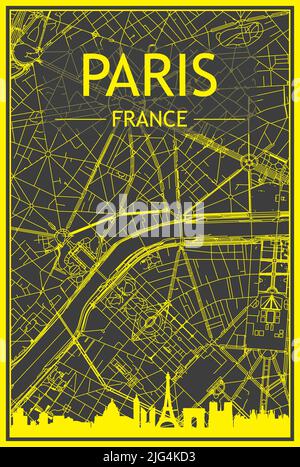 Affiche de ville imprimée en jaune avec vue panoramique et rues dessinées à la main sur fond gris foncé du centre DE PARIS, EN FRANCE Illustration de Vecteur