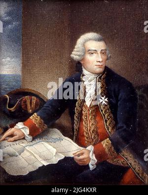 Portrait de la tête de l'équipe de la Marine royale Jorge Juan et Santacilia (1713 - 1773). Peinture. Portrait miniature. Assis avec le corps à sa droite et le visage à sa gauche. Place du visage avec perruque, Lazada derrière. Habillez-vous avec un uniforme de l'équipe de la Marine, Cruz de la Orden de Malte. La figure occupe la partie droite de la composition avec les deux mains une carte située sur une table; sa main droite indique la zone de l'avion avec l'enregistrement sud, derrière la carte un livre et le Biricú. Arrière-plan neutre, à la fenêtre de gauche pour laquelle la mer est vue. Banque D'Images