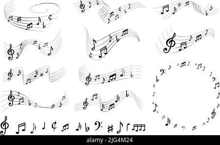 Partitions de notes de musique. Lignes musicales élégantes, tourbillons de notation musicale avec symboles de note ensemble d'illustrations vectorielles Illustration de Vecteur