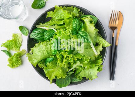 Salade diététique faite à partir d'un mélange de feuilles de basilic frais et de laitue sur fond gris. Banque D'Images