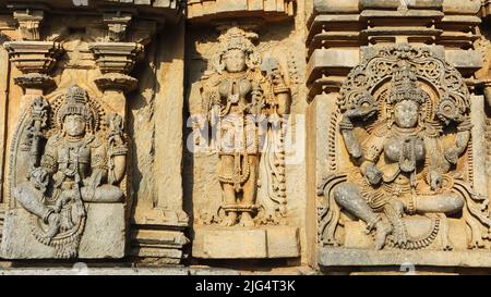 Différentes sculptures de la déesse Lakshmi sur le temple Nageshvara-Chennakakhava, Mosale, Hassan, Karnataka, Inde. Banque D'Images