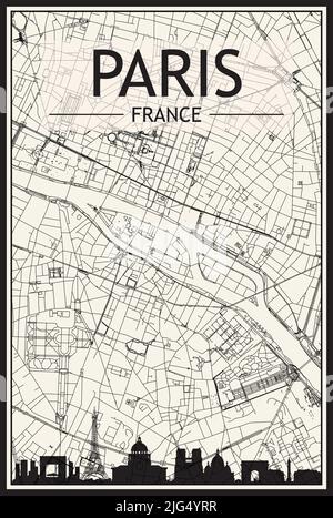 Affiche de ville à imprimé lumineux avec vue panoramique sur la ville et rues dessinées à la main sur fond beige vintage du centre DE PARIS, EN FRANCE Illustration de Vecteur