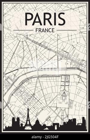 Affiche de ville à imprimé lumineux avec vue panoramique sur la ville et rues dessinées à la main sur fond beige vintage du centre DE PARIS, EN FRANCE Illustration de Vecteur