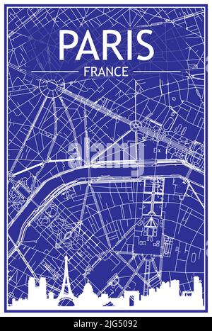 Impression de dessins techniques affiche de la ville avec vue panoramique et des rues dessinées à la main sur fond bleu du centre DE PARIS, FRANCE Illustration de Vecteur