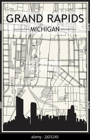 Affiche de la ville imprimée avec vue panoramique et rues dessinées à la main sur fond beige vintage du centre-ville DE GRAND RAPIDS, MICHIGAN Illustration de Vecteur