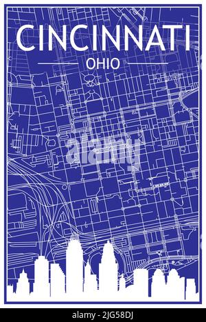 Impression de dessin technique poster de la ville avec vue panoramique sur l'horizon et des rues dessinées à la main sur fond bleu du centre-ville DE CINCINNATI, OHIO Illustration de Vecteur