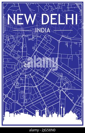 Impression de dessin technique poster de la ville avec vue panoramique sur l'horizon et les rues dessinées à la main réseau sur fond bleu du centre-ville DE NEW DELHI, INDE Illustration de Vecteur