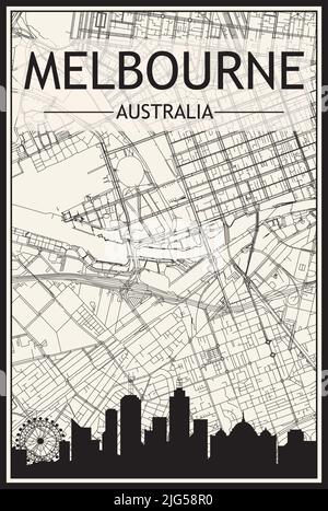 Affiche de la ville imprimée avec vue panoramique et rues dessinées à la main sur fond beige vintage du centre-ville DE MELBOURNE, EN AUSTRALIE Illustration de Vecteur