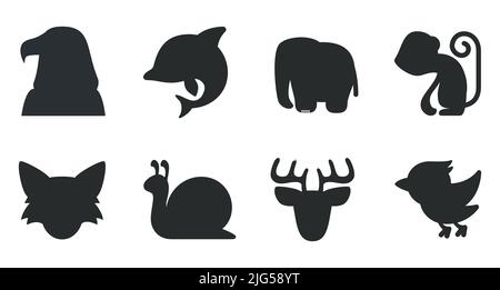 Collection de silhouettes noires d'aigle, dauphin, éléphant, singe, loup, escargot, cerf et oiseau. Ensemble mignon d'animaux, caricaturiste Illustration de Vecteur