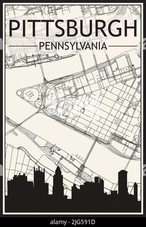 Affiche de ville imprimée avec vue panoramique et rues dessinées à la main sur fond beige vintage du centre-ville DE PITTSBURGH, PENNSYLVANIE Illustration de Vecteur