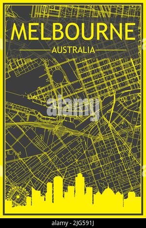 Affiche de ville imprimée en jaune avec vue panoramique et rues dessinées à la main sur fond gris foncé du centre-ville DE MELBOURNE, EN AUSTRALIE Illustration de Vecteur