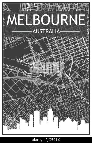 Affiche de la ville imprimée en noir avec vue panoramique et rues dessinées à la main sur fond gris foncé du centre-ville DE MELBOURNE, EN AUSTRALIE Illustration de Vecteur