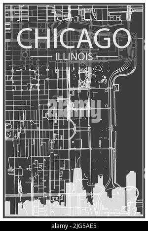 Affiche de ville imprimée en noir avec vue panoramique sur les gratte-ciel et les rues sur fond gris foncé du centre-ville DE CHICAGO, ILLINOIS Illustration de Vecteur