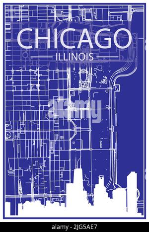 Impression de dessin technique poster de la ville avec vue panoramique et réseau de rues sur fond bleu du centre-ville DE CHICAGO, ILLINOIS Illustration de Vecteur