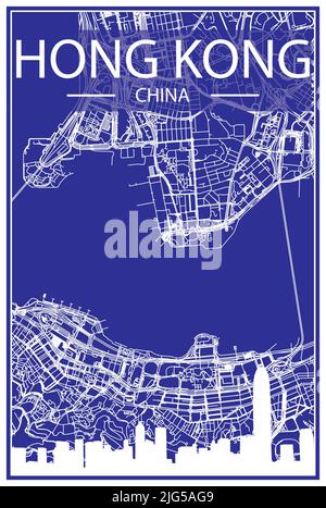 Impression de dessin technique poster de la ville avec vue panoramique et réseau de rues sur fond bleu du centre-ville DE HONG KONG, CHINE Illustration de Vecteur