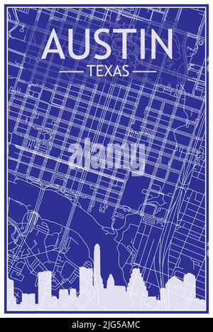 Impression de dessin technique poster de la ville avec vue panoramique et réseau de rues sur fond bleu du centre-ville D'AUSTIN, TEXAS Illustration de Vecteur