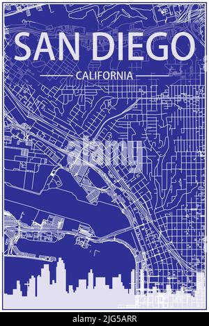 Impression de dessin technique poster de la ville avec vue panoramique et réseau de rues sur fond bleu du centre-ville de SAN DIEGO, CALIFORNIE Illustration de Vecteur