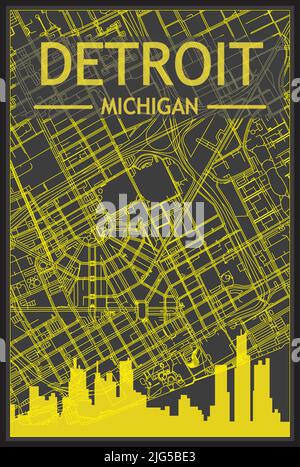 Affiche de ville imprimée en jaune avec vue panoramique sur les gratte-ciel et les rues sur fond gris foncé du centre-ville DE DETROIT, MICHIGAN Illustration de Vecteur