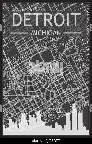 Affiche de ville imprimée en noir avec vue panoramique sur les gratte-ciel et les rues sur fond gris foncé du centre-ville DE DETROIT, MICHIGAN Illustration de Vecteur