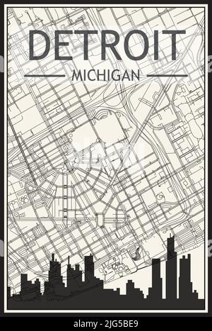 Affiche de ville à imprimé lumineux avec vue panoramique sur les gratte-ciel et les rues sur fond beige vintage du centre-ville DE DETROIT, MICHIGAN Illustration de Vecteur