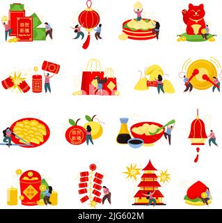 Collection d'icônes plates du nouvel an chinois avec texte du nouvel an heureux en illustration vectorielle chinoise Illustration de Vecteur