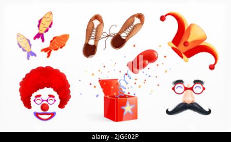 Jour de Fools 1 avril ensemble réaliste de pièces de prank isolées fausse moustache clown masque et chapeau illustration vectorielle Illustration de Vecteur