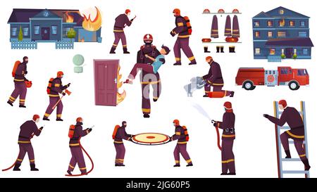 Les pompiers sont équipés d'icônes isolées plates, de personnages de membres d'équipage de lutte contre les incendies avec des outils de véhicules et des illustrations vectorielles de personnes Illustration de Vecteur