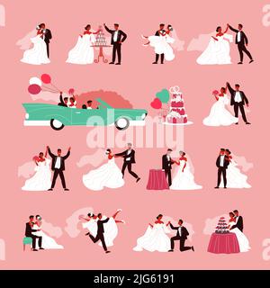 Ensemble de couleurs de couple de mariage avec compositions isolées de personnages de couple amoureux images de gâteaux et ballons illustration vectorielle Illustration de Vecteur