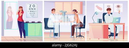 Étapes de l'examen des yeux dans l'illustration du vecteur plat de bureau d'ophtalmologie Illustration de Vecteur