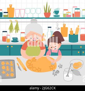 Grand-mère et petite-fille préparent des biscuits dans l'illustration vectorielle plate de la cuisine Illustration de Vecteur