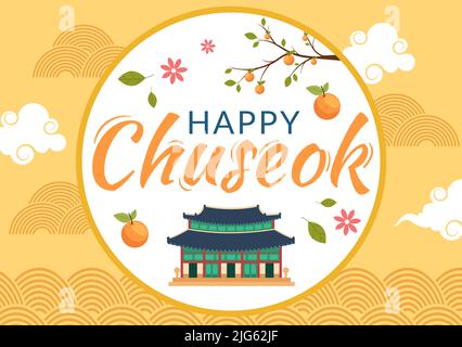 Bonne journée de Chuseok en Corée pour Thanksgiving avec texte de calligraphie, pleine lune et paysage de ciel dans l'illustration de dessin animé plat Illustration de Vecteur