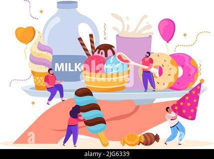 Composition plate colorée avec plaque de maintien pour les mains humaines avec assortiment de desserts à la crème glacée lait et illustration de minuscules personnages vectoriels Illustration de Vecteur