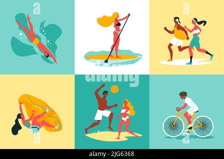 Sports d'été design concept ensemble de six icônes carrés de couleur avec des jeunes impliqués dans Beach volley vélo natation sup surf vecteur il Illustration de Vecteur