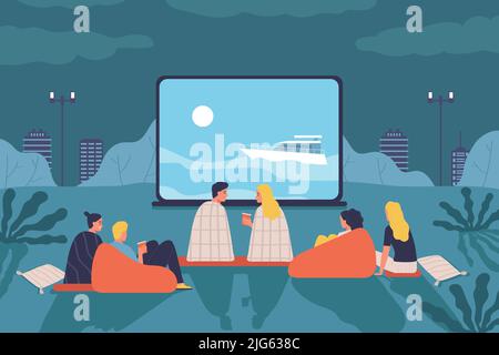 Les gens s'assoient sur des couvertures douces et regardent des films dans une illustration de cinéma en plein air à vecteur plat Illustration de Vecteur