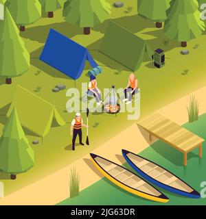 Canoë et kayak camping composition isométrique avec bateaux de rivière tente les gens cuisinant de la nourriture sur l'illustration vectorielle de feu de camp Illustration de Vecteur