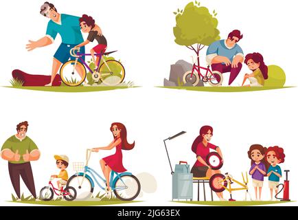Ensemble de famille de cycles avec symboles de sport et d'activité illustration vectorielle isolée plate Illustration de Vecteur