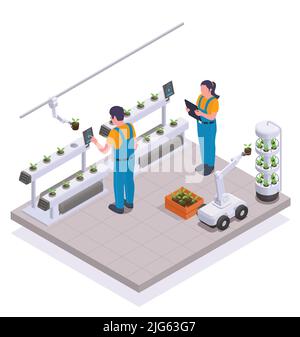 Les employés du concept isométrique et coloré de serre moderne contrôlent le fonctionnement de l'équipement intelligent dans l'illustration vectorielle de la salle Illustration de Vecteur