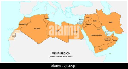 Carte de la région de Mena, Moyen-Orient et Afrique du Nord Banque D'Images