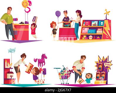 Jouets magasin 2x2 design concept ensemble d'adulte et leurs enfants en magasin compositions de dessin animé intérieur illustration vectorielle plate Illustration de Vecteur