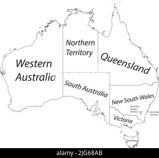 Carte administrative vectorielle blanche de L'AUSTRALIE avec des lignes de bordure noires et des étiquettes de nom de ses États et territoires Illustration de Vecteur