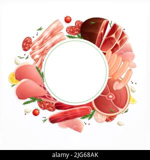 Bucher boutique produits viande coupes jambon tranches saucisses bacon appétissant fond circulaire cadre publicitaire réaliste illustration vectorielle Illustration de Vecteur