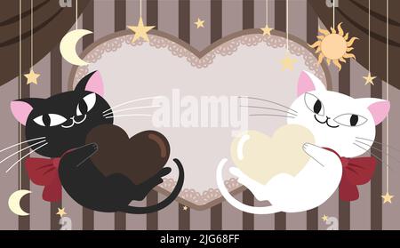 Illustration du modèle d'arrière-plan du vecteur de célébration de la Saint-Valentin. Cadeau de Saint-Valentin avec chocolats noirs et blancs et deux chats mignons. Illustration de Vecteur