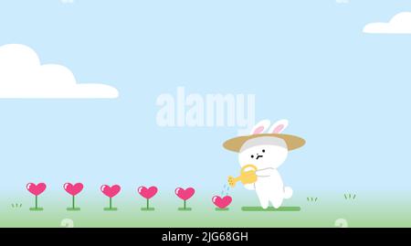 Banderole ou carte de vœux « Happy Valentine's Day » à motif vectoriel. Concept d'amour croissant. Fleurs en forme de coeur arrosées par un joli lapin de dessin animé Illustration de Vecteur