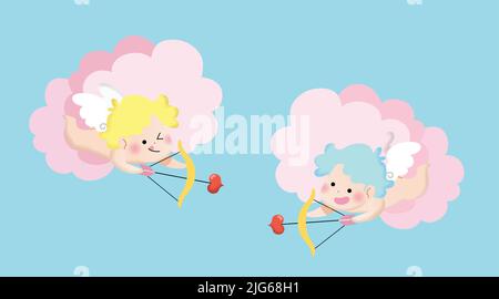 Illustration de la Saint-Valentin à motif vectoriel plat. cupidon mignon isolé tenant un noeud avec une flèche en forme de coeur. Illustration de Vecteur