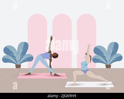 Femme courbe et femme noire faisant du yoga en cours de yoga. Illustration de Vecteur